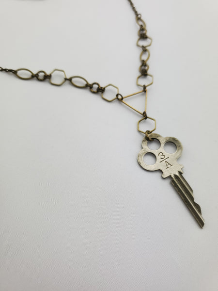 "3 Over A" - Vintage Key Necklace in Brass + Stainless Steel