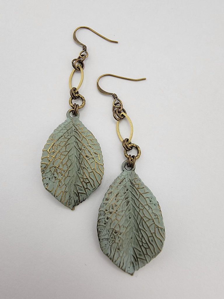 Follow the Light Leaf Earrings in Duck Egg + Brass