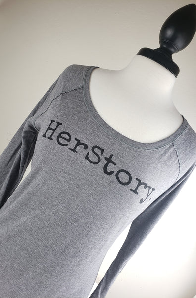 HerStory. Long Sleeved Tee in Grey + Black Lettering